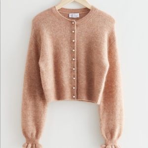 Sweet Pearl Button And Other Stories Frill Cuff Knit Cardigan in Beige